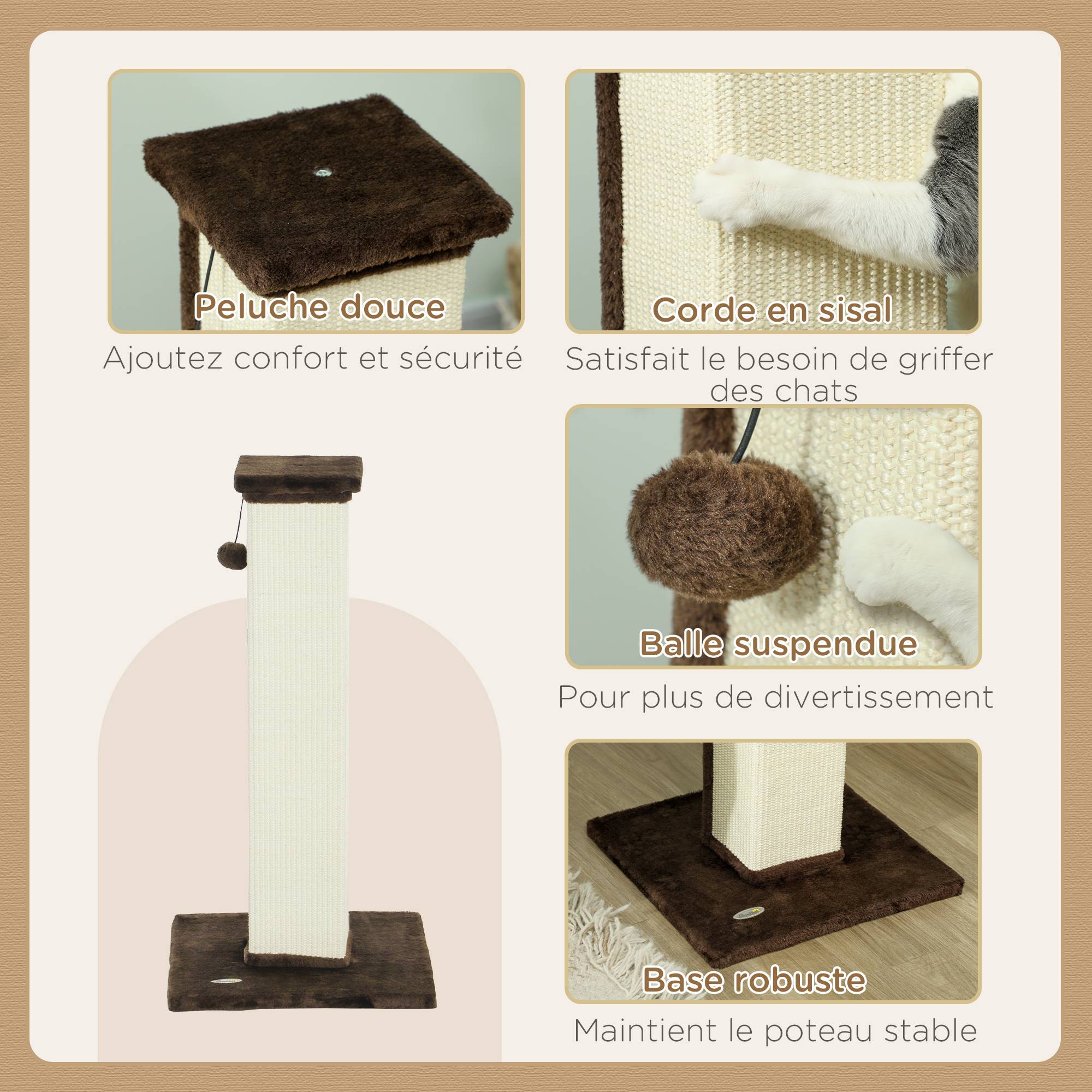 Poteau griffoir chat sisal peluche intérieur jeu aiguiser griffes 81cm marron - ComfortXL Outdoor Living - Image 7
