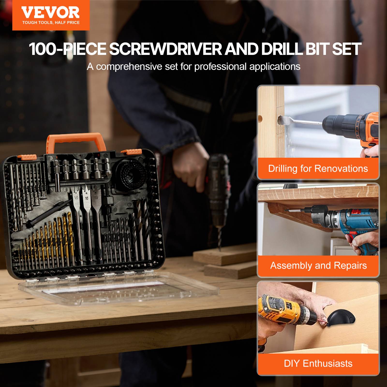 Vevor - VEVOR Kit 100 forets et embouts pour perceuse/visseuse, avec étui, pour bois et métal, bricolage. - Image 2