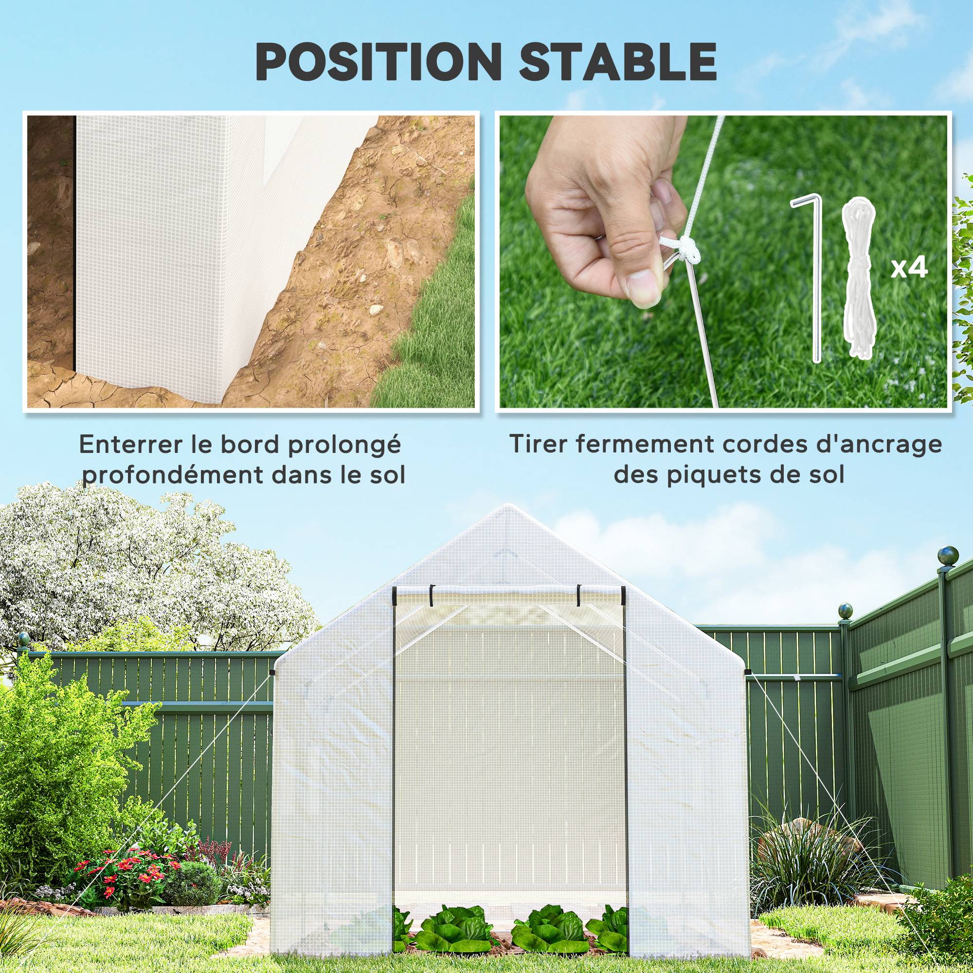 Outsunny - Serre de jardin tunnel 2x3m 6m² avec porte enroulable 4 fenêtres Acier galvanisé PE HD Blanc - Outsunny - Image 6