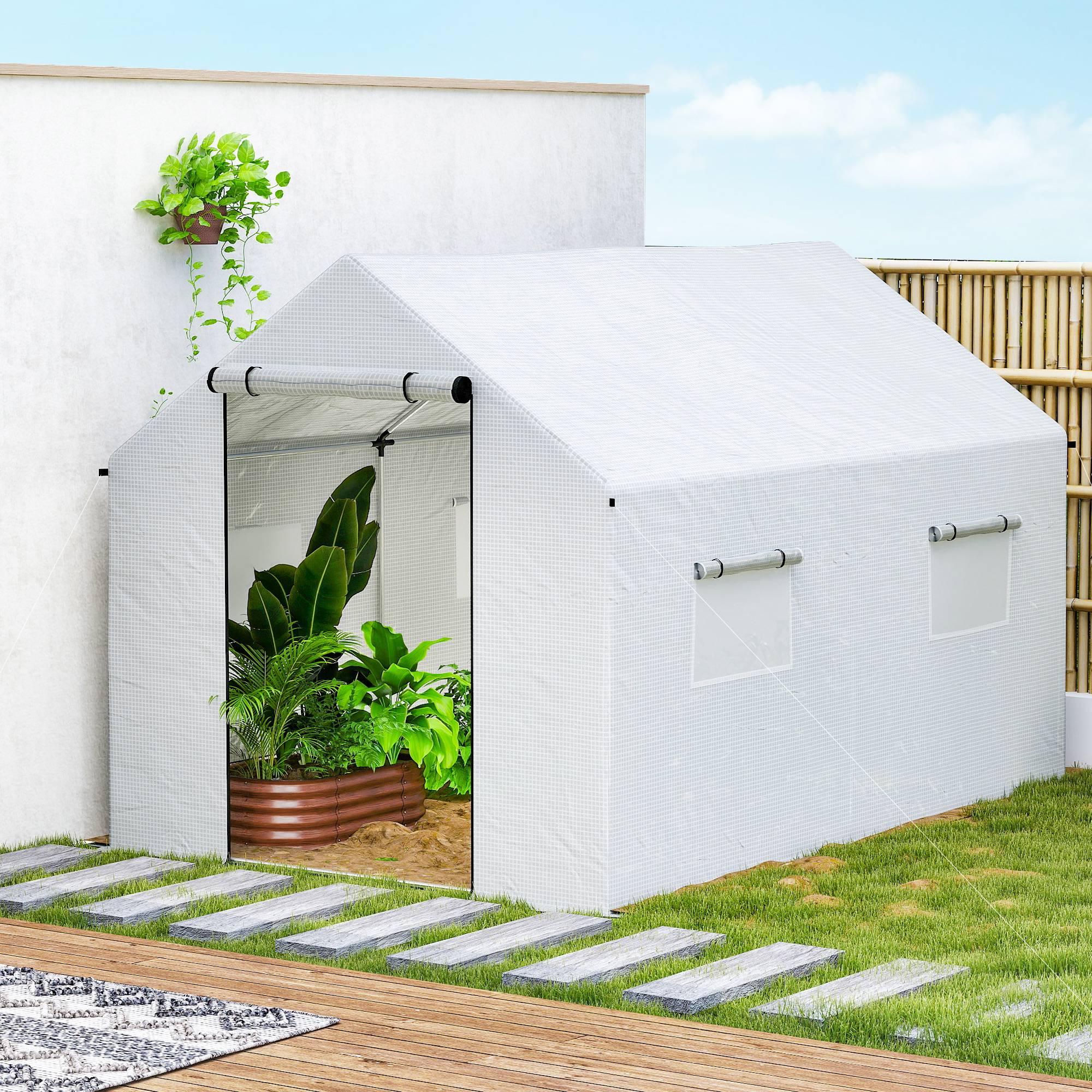 Outsunny - Serre de jardin tunnel 2x3m 6m² avec porte enroulable 4 fenêtres Acier galvanisé PE HD Blanc - Outsunny - Image 8