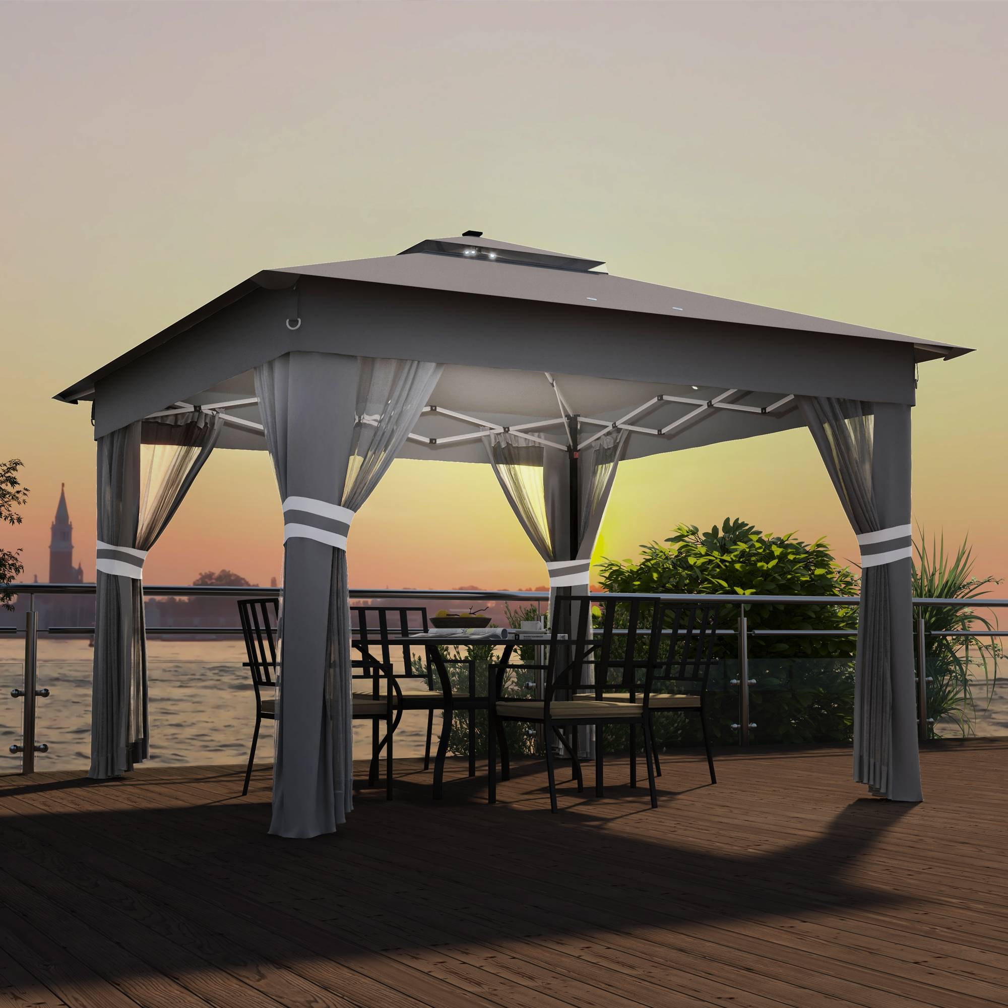 Tonnelle Pliante Jardin LED Solaire 3,3x3,3m Moustiquaires & Lestage - ComfortXL Outdoor Living - Image 1