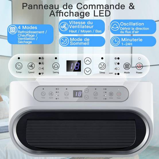 Climatiseur Mobile Silencieux 5 en 1 Ventilateur Déshumidificateur Rafraîchisseur d’Air, Chauffage Climatisation Mobile 14000 BTU Classe énergétique A - Image 3