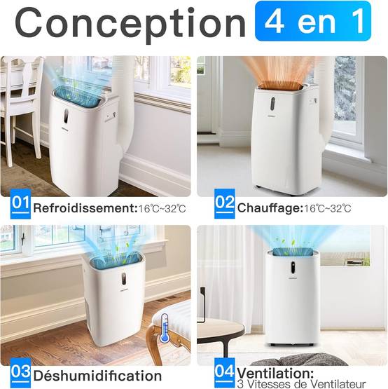 Climatiseur Mobile Silencieux 5 en 1 Ventilateur Déshumidificateur Rafraîchisseur d’Air, Chauffage Climatisation Mobile 14000 BTU Classe énergétique A - Image 2