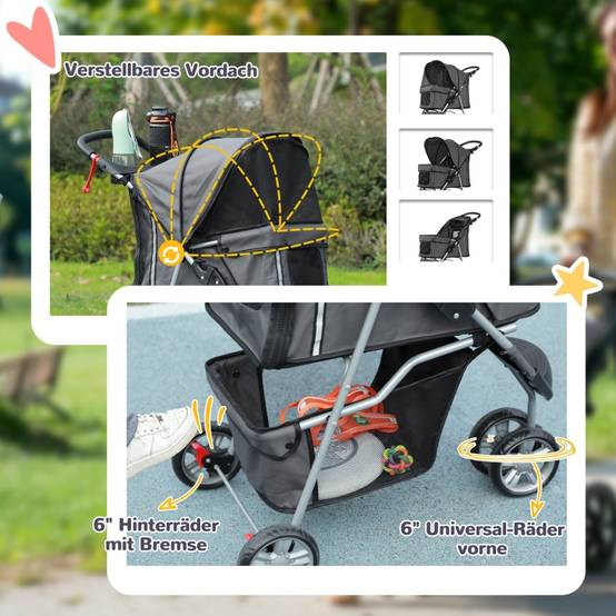 Buggy pour chiens et chats pliable extérieur 75 x 45 x 97 cm acier et polyester 600D Oxford gris foncé - PANGIVO - Image 5