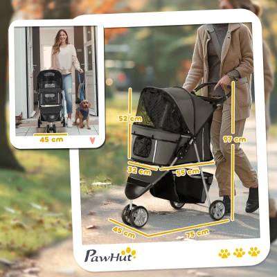 Buggy pour chiens et chats pliable extérieur 75 x 45 x 97 cm acier et polyester 600D Oxford gris foncé - PANGIVO - Image 2
