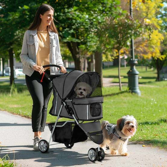 Buggy pour chiens et chats pliable extérieur 75 x 45 x 97 cm acier et polyester 600D Oxford gris foncé - PANGIVO - Image 3