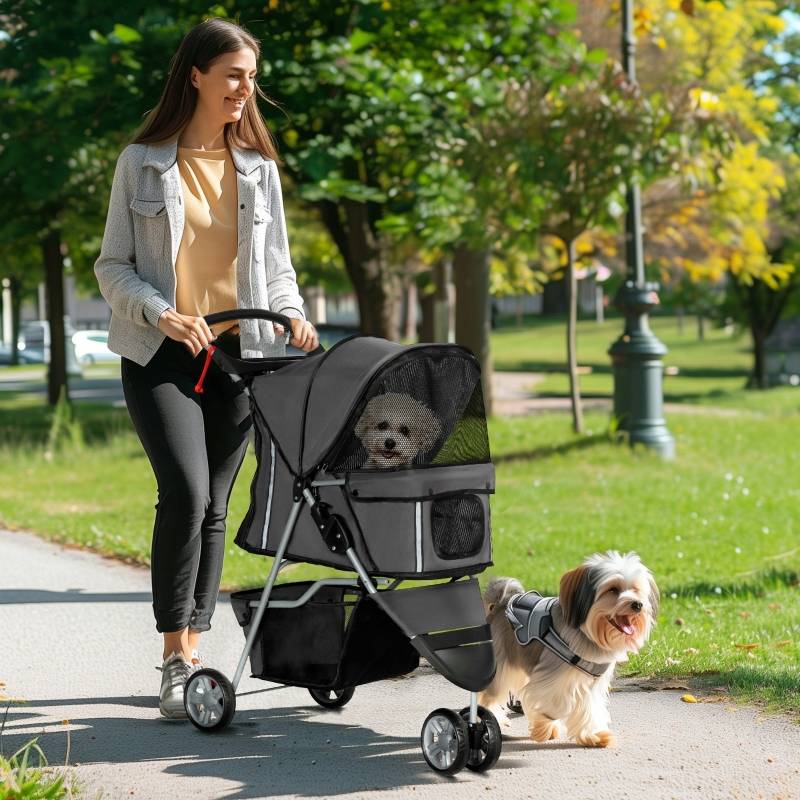 Buggy pour chiens et chats pliable extérieur 75 x 45 x 97 cm acier et polyester 600D Oxford gris foncé - PANGIVO - Image 3