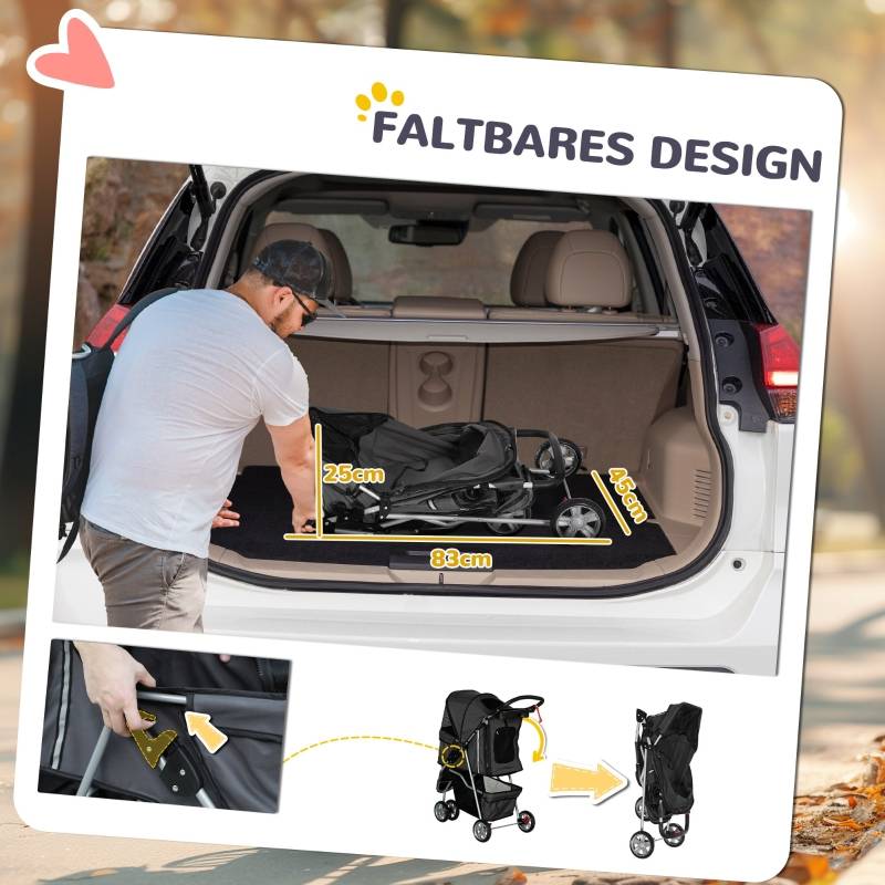 Buggy pour chiens et chats pliable extérieur 75 x 45 x 97 cm acier et polyester 600D Oxford gris foncé - PANGIVO - Image 4