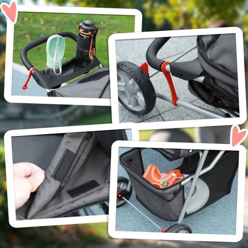 Buggy pour chiens et chats pliable extérieur 75 x 45 x 97 cm acier et polyester 600D Oxford gris foncé - PANGIVO - Image 7