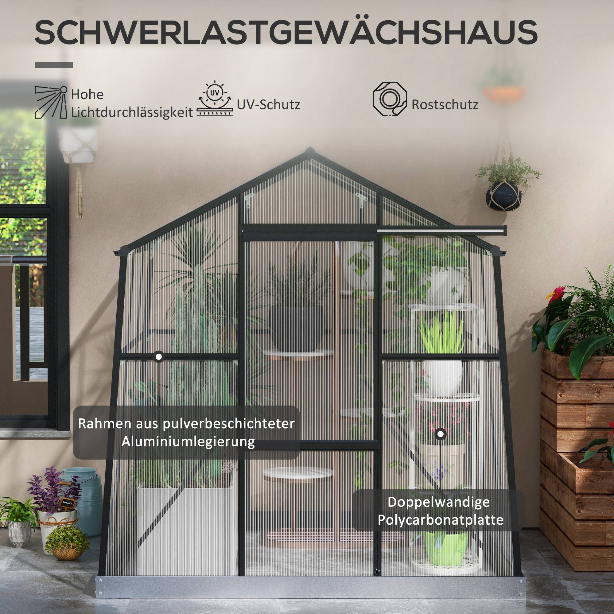Serre polycarbonate aluminium pour plantes potager porte coulissante 192x192x204cm noir - ComfortXL Outdoor Living - Image 6