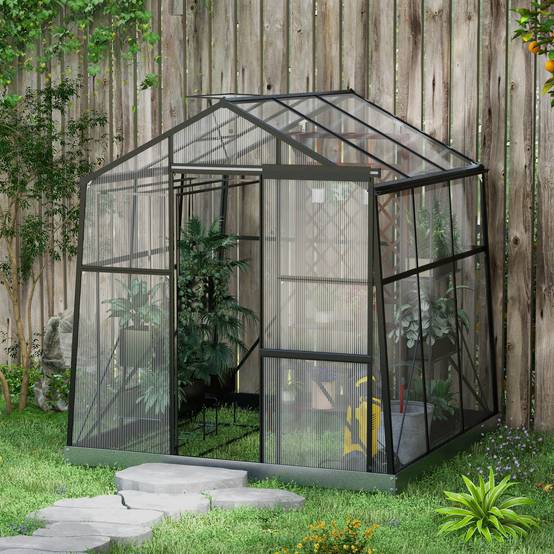 Serre polycarbonate aluminium pour plantes potager porte coulissante 192x192x204cm noir - ComfortXL Outdoor Living - Image 4