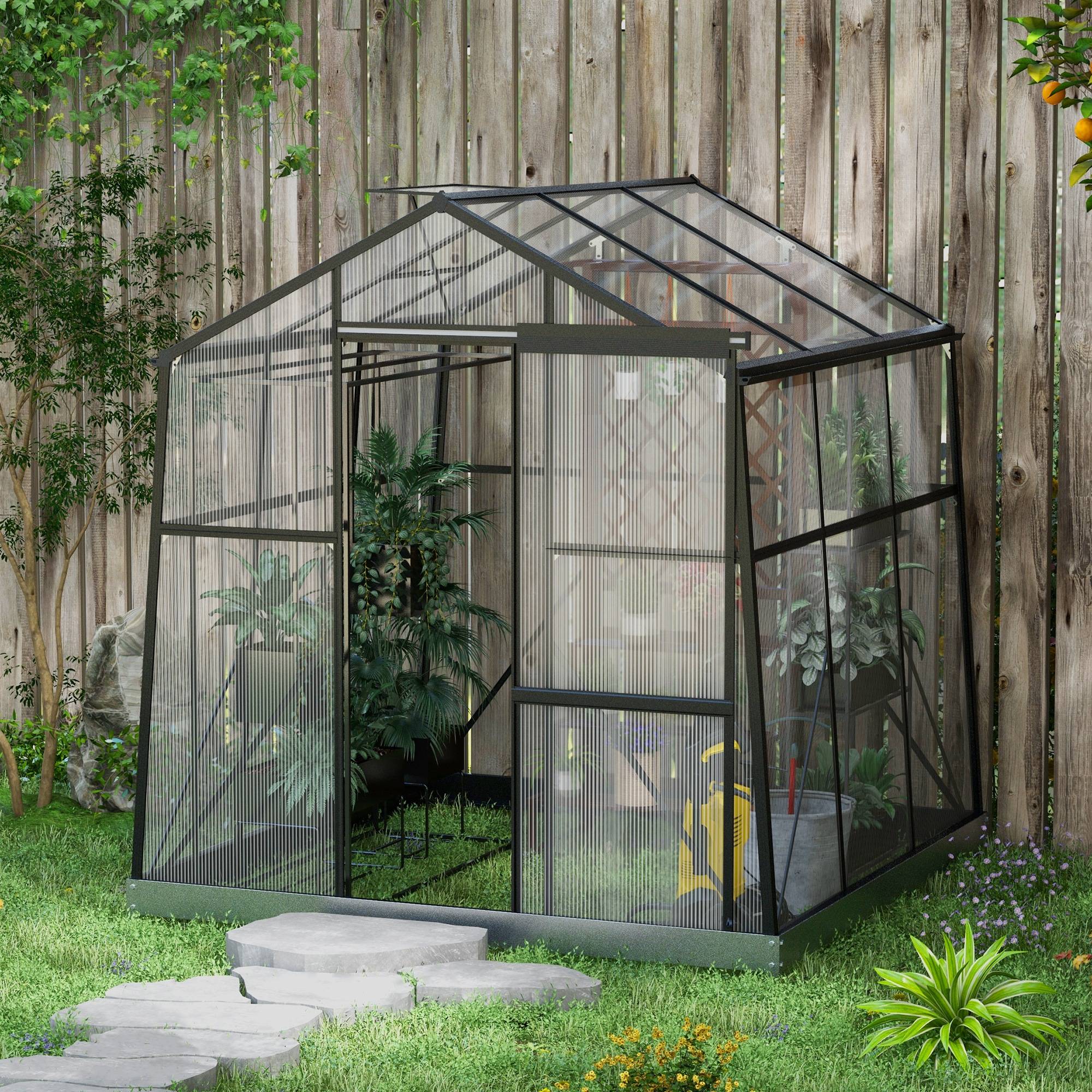 Serre polycarbonate aluminium pour plantes potager porte coulissante 192x192x204cm noir - ComfortXL Outdoor Living - Image 4