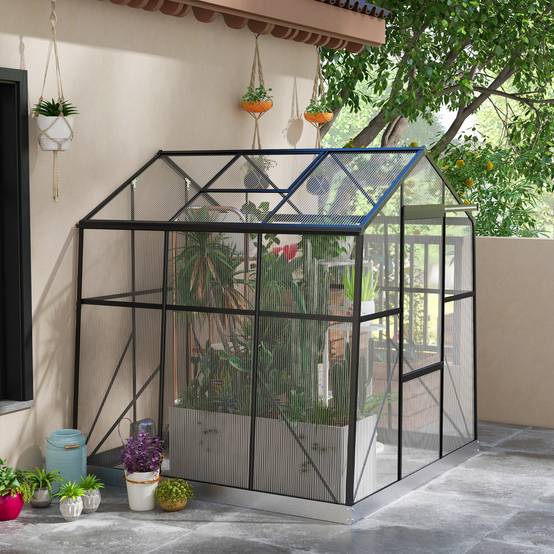 Serre polycarbonate aluminium pour plantes potager porte coulissante 192x192x204cm noir - ComfortXL Outdoor Living - Image 3