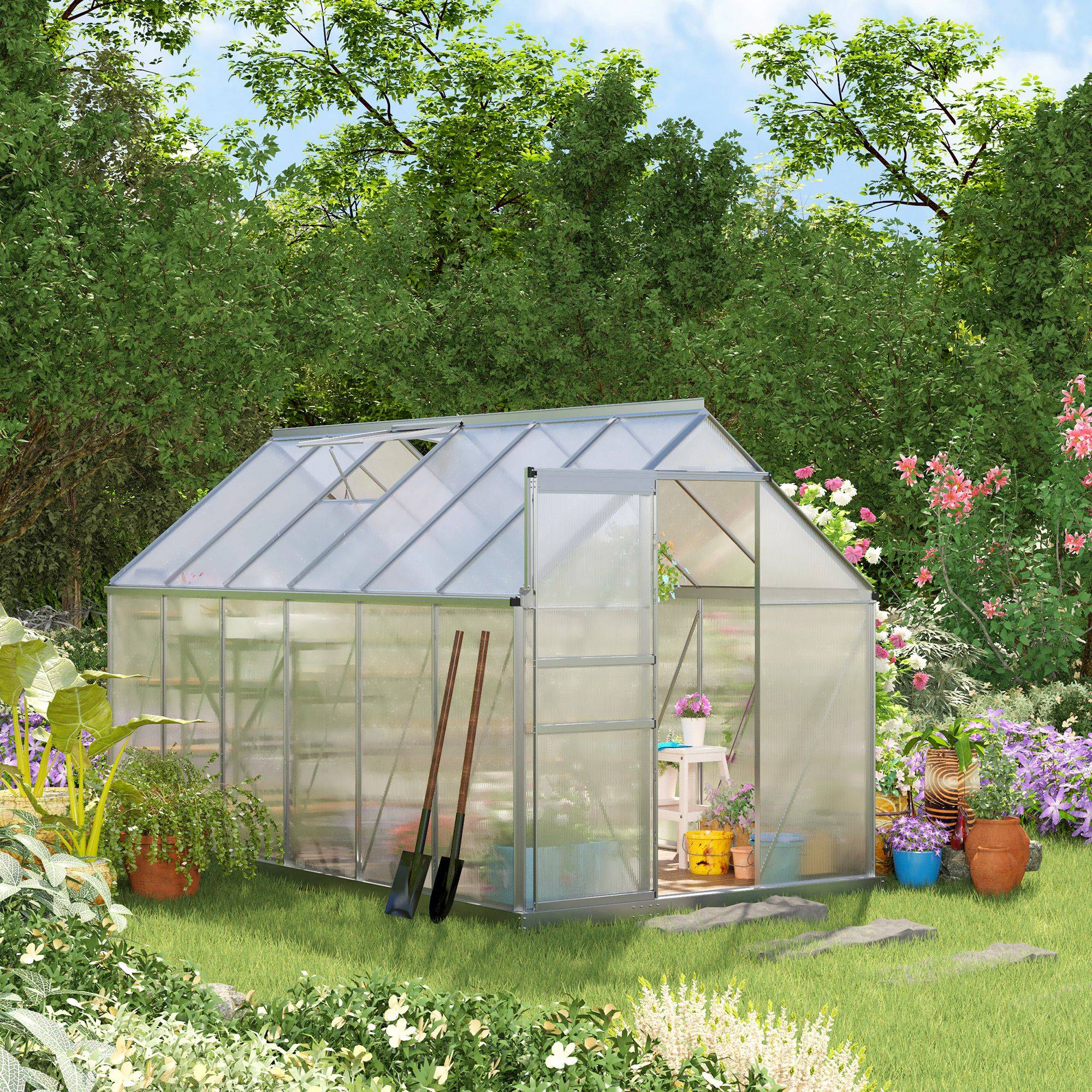 Serre de Jardin Polycarbonate 7,1m² Aluminium avec base et lucarne réglable 1,9x3,75x1,99m - ComfortXL Outdoor Living - Image 4