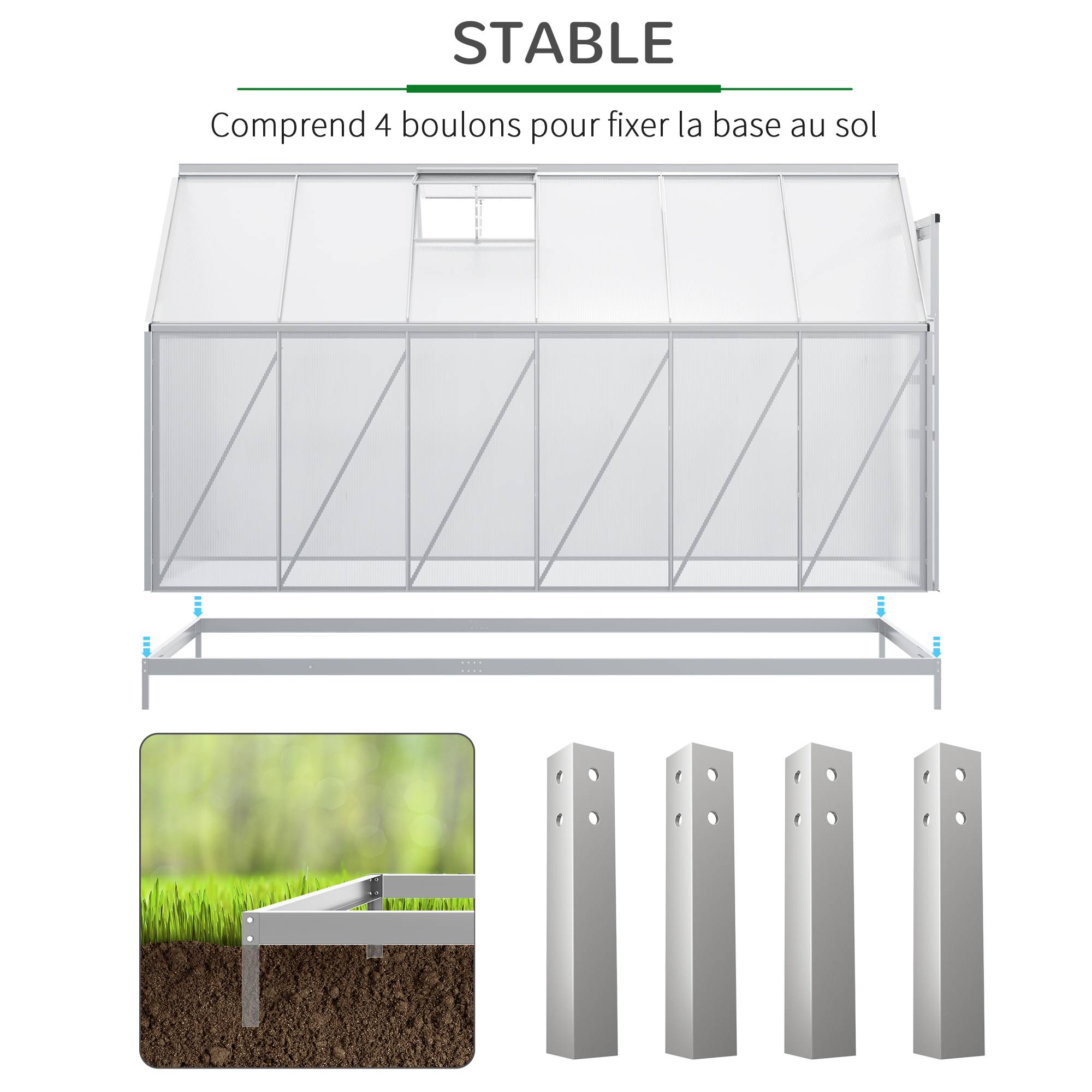 Serre de Jardin Polycarbonate 7,1m² Aluminium avec base et lucarne réglable 1,9x3,75x1,99m - ComfortXL Outdoor Living - Image 8
