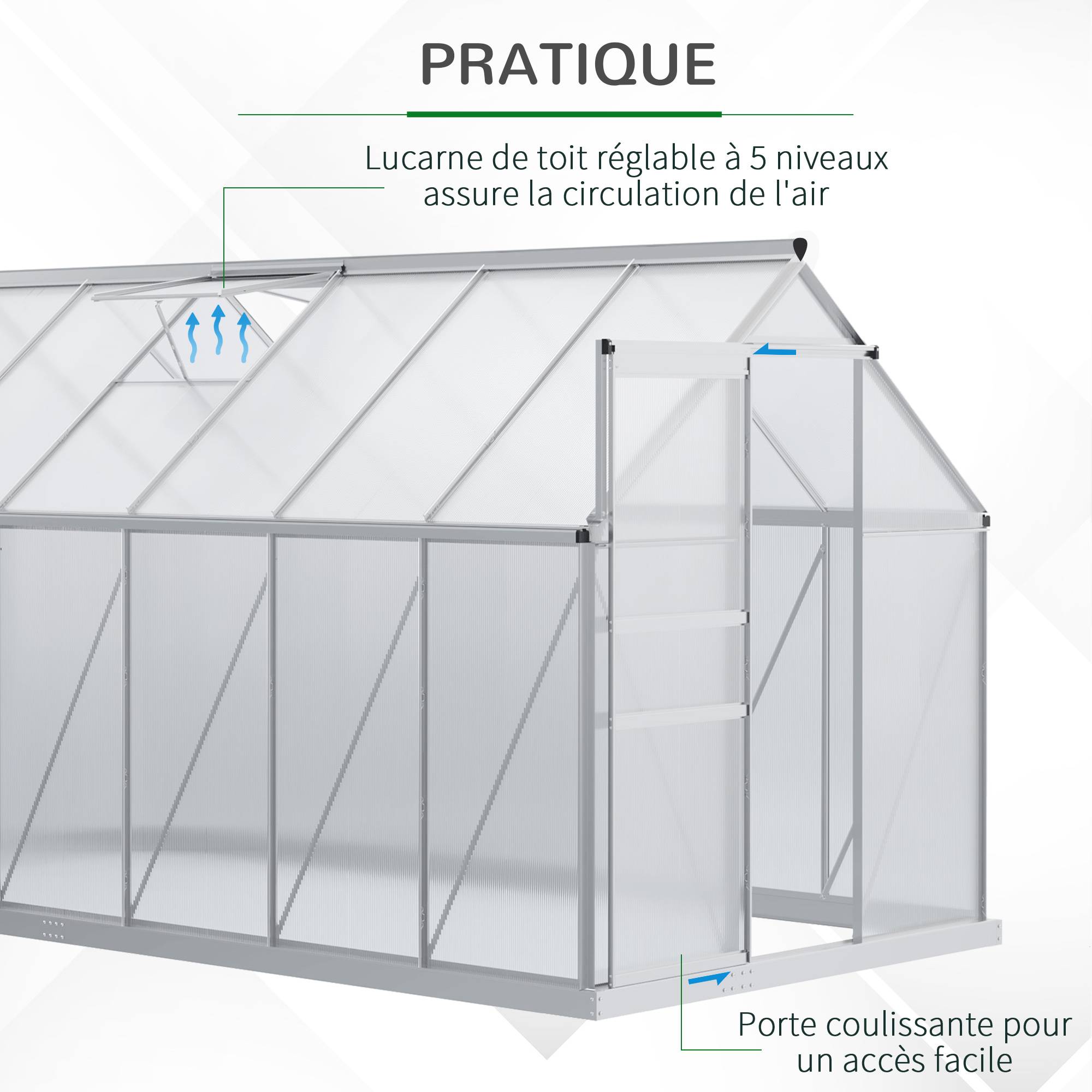 Serre de Jardin Polycarbonate 7,1m² Aluminium avec base et lucarne réglable 1,9x3,75x1,99m - ComfortXL Outdoor Living - Image 7
