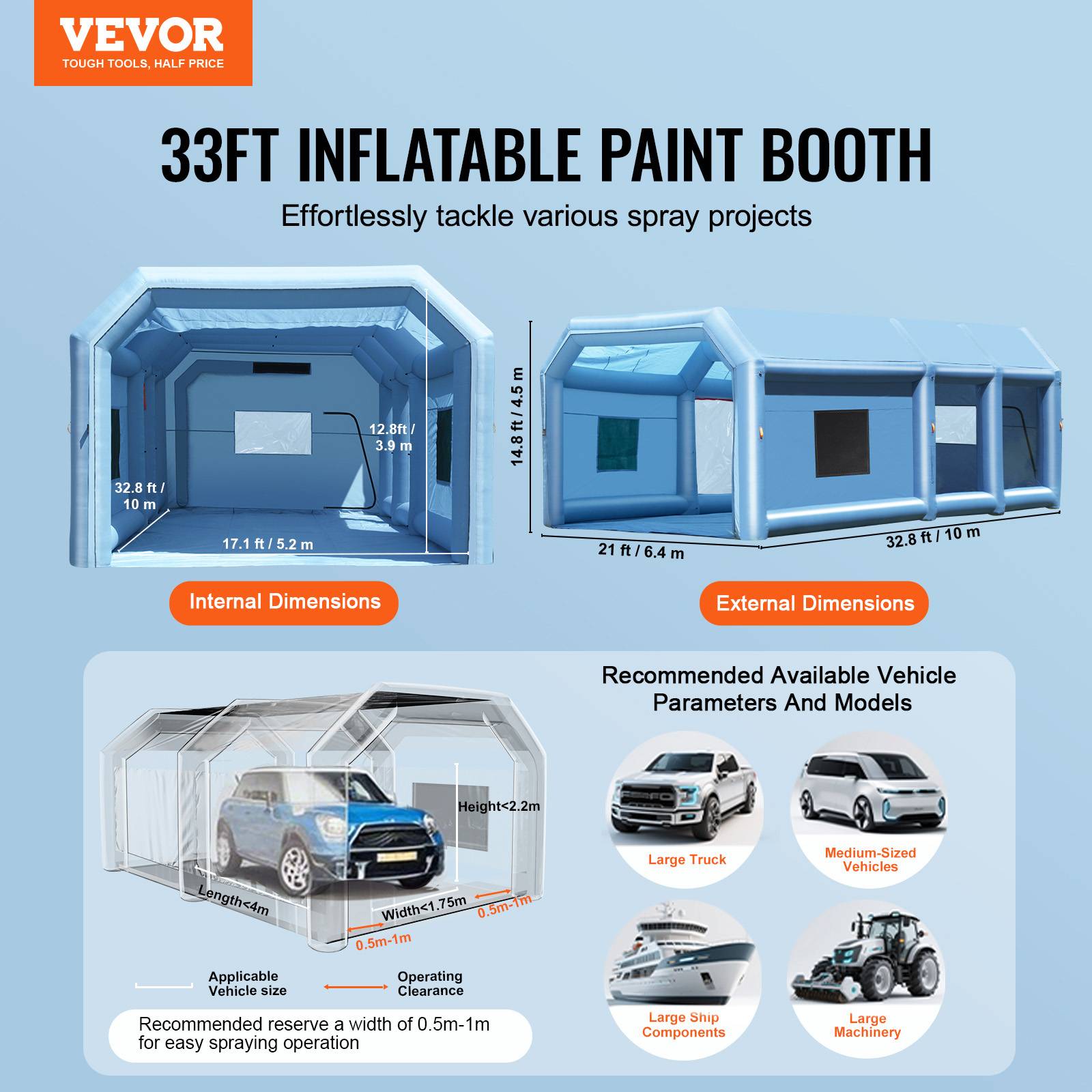 VEVOR Cabine peinture gonflable 10x6.4x4.5m, souffleurs 1100+750W avec filtration, station atelier. - Image 2