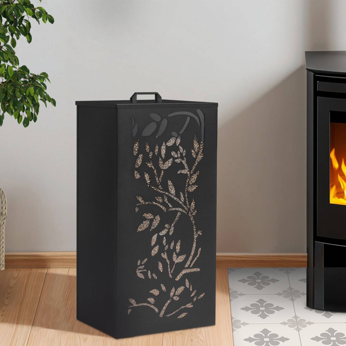 IDMARKET - Réservoir à granulés 45 kg noir rangement à pellets 36 x 36 x 76 cm - motif floral - Image 1