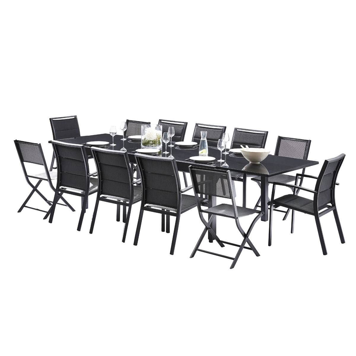Wilsa Garden - Ensemble MODULO 8/12p en aluminium noir et verre noir et 12 fauteuils en aluminium et assise textilène - Image 1