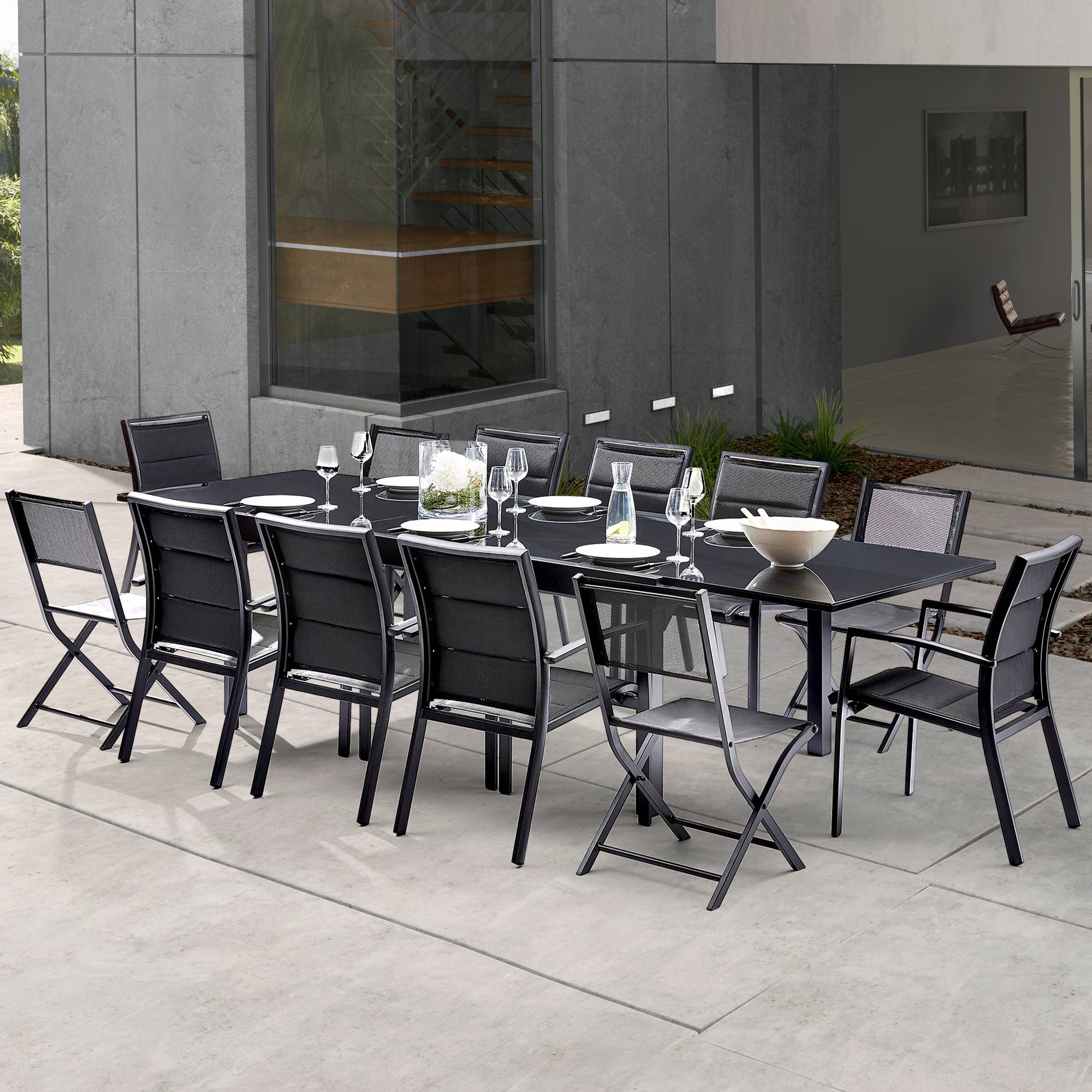 Wilsa Garden - Ensemble MODULO 8/12p en aluminium noir et verre noir et 12 fauteuils en aluminium et assise textilène - Image 2