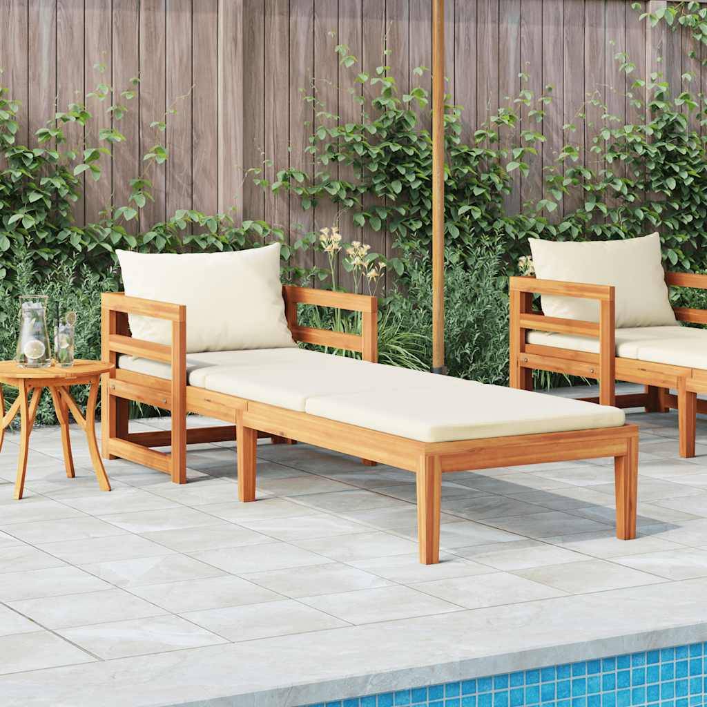 Chaise longue | Transat | Bain de soleil avec coussins blanc crème Bois d'acacia solide - Image 3