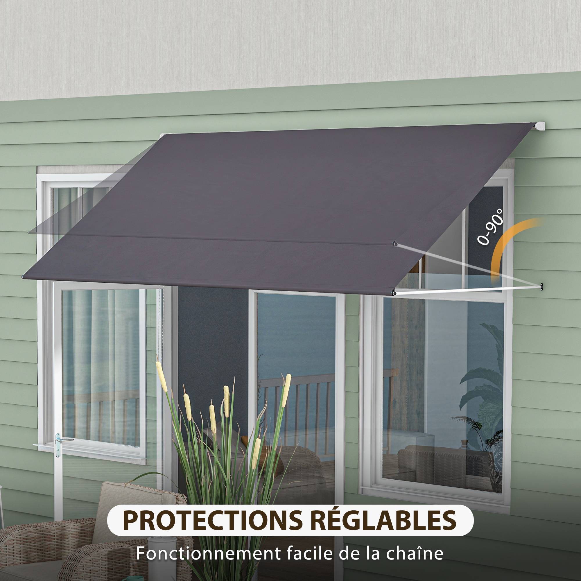 Store banne manuel auvent rétractable Inclinaison réglable 300 x 120 cm protection UV aluminium polyester gris foncé - Image 7