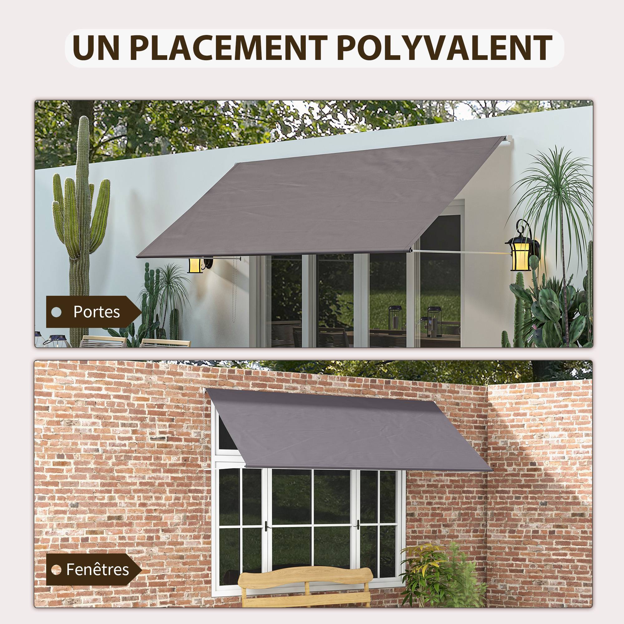 Store banne manuel auvent rétractable Inclinaison réglable 300 x 120 cm protection UV aluminium polyester gris foncé - Image 8