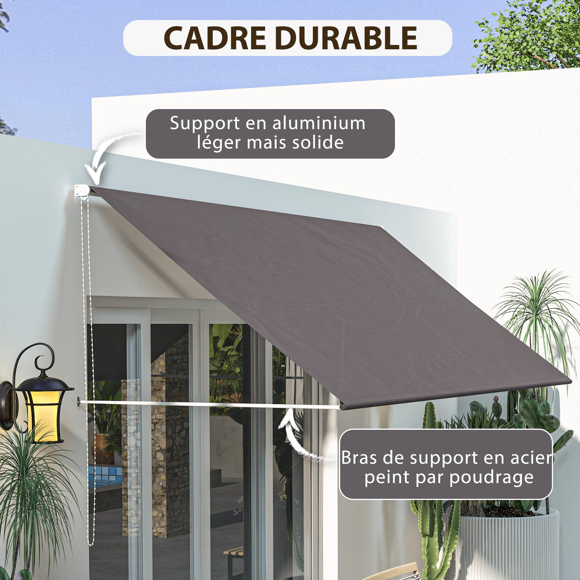 Store banne manuel auvent rétractable Inclinaison réglable 300 x 120 cm protection UV aluminium polyester gris foncé - Image 9