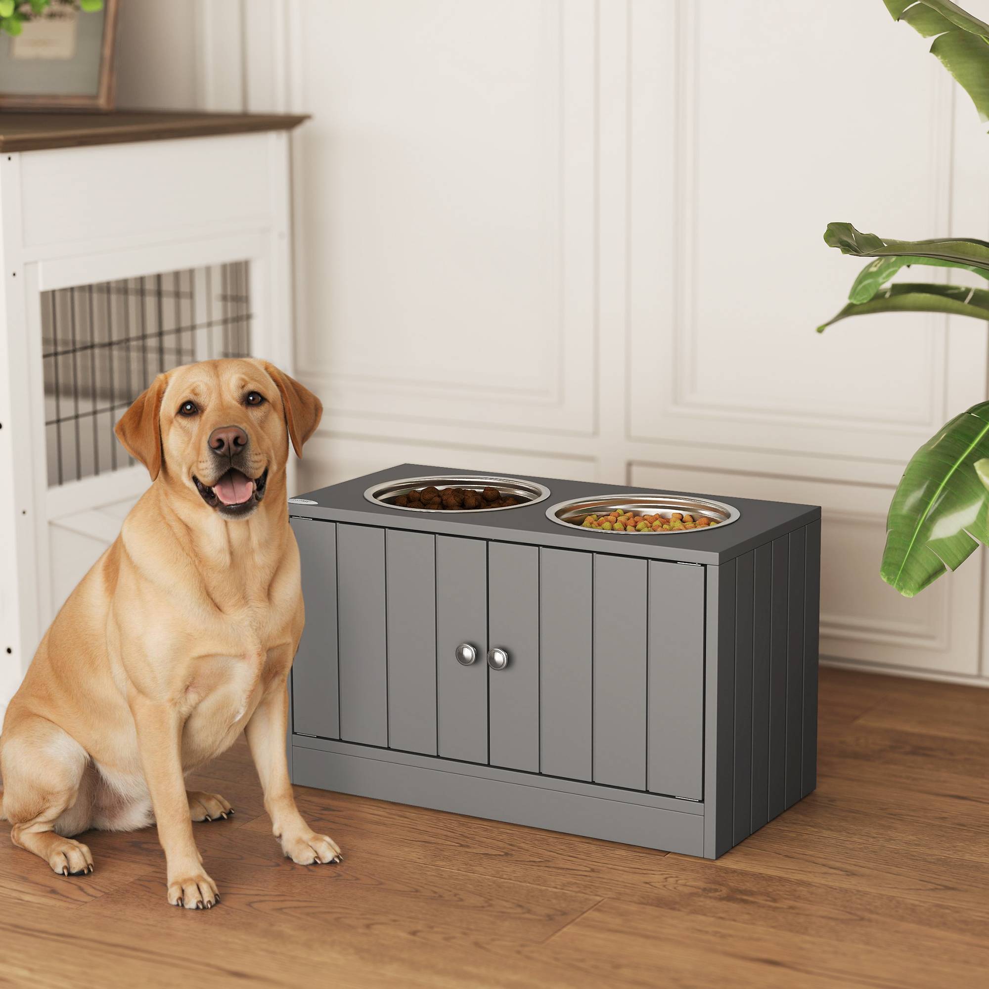 Support de gamelles bois gris 60 x 30 x 35.5 cm - PANGIVO - Image 4