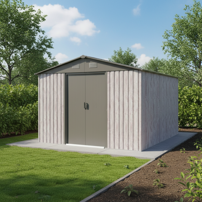 X-Metal - Abri de jardin 9,12 m² acier galvanisé beige double porte kit ancrage X-Metal WoodTouch - Image 1