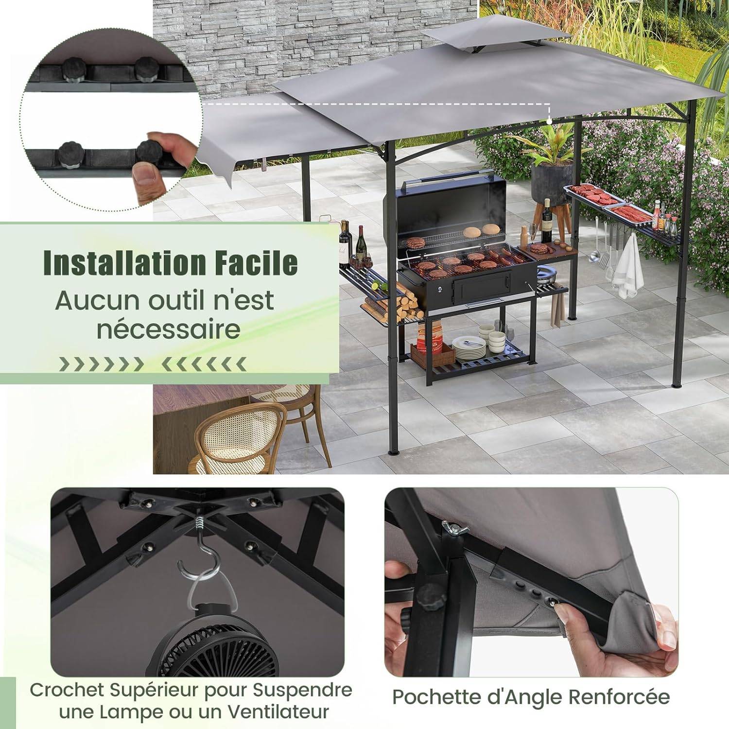 Tonnelle de Barbecue 318 x 153 cm avec Auvent Latéral, Abri Barbecue Cadre en Métal avec Dessus à 2 Niveaux 2 Etagères Latérales pour Jardin - Image 4