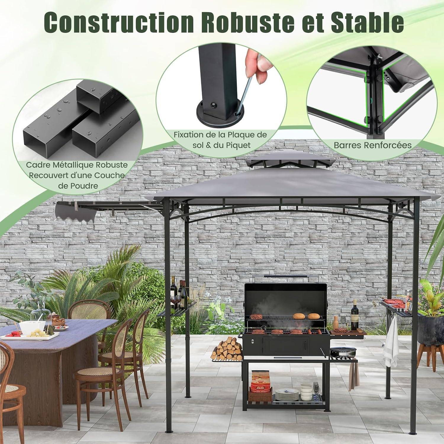 Tonnelle de Barbecue 318 x 153 cm avec Auvent Latéral, Abri Barbecue Cadre en Métal avec Dessus à 2 Niveaux 2 Etagères Latérales pour Jardin - Image 3