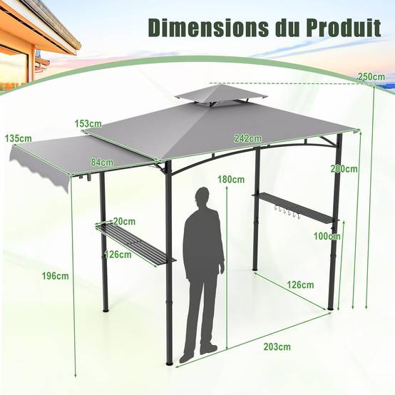 Tonnelle de Barbecue 318 x 153 cm avec Auvent Latéral, Abri Barbecue Cadre en Métal avec Dessus à 2 Niveaux 2 Etagères Latérales pour Jardin - Image 5