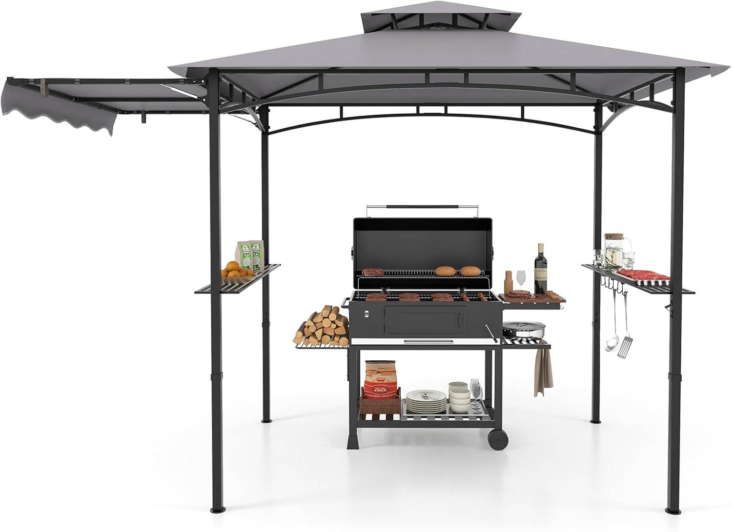 Tonnelle de Barbecue 318 x 153 cm avec Auvent Latéral, Abri Barbecue Cadre en Métal avec Dessus à 2 Niveaux 2 Etagères Latérales pour Jardin - Image 1