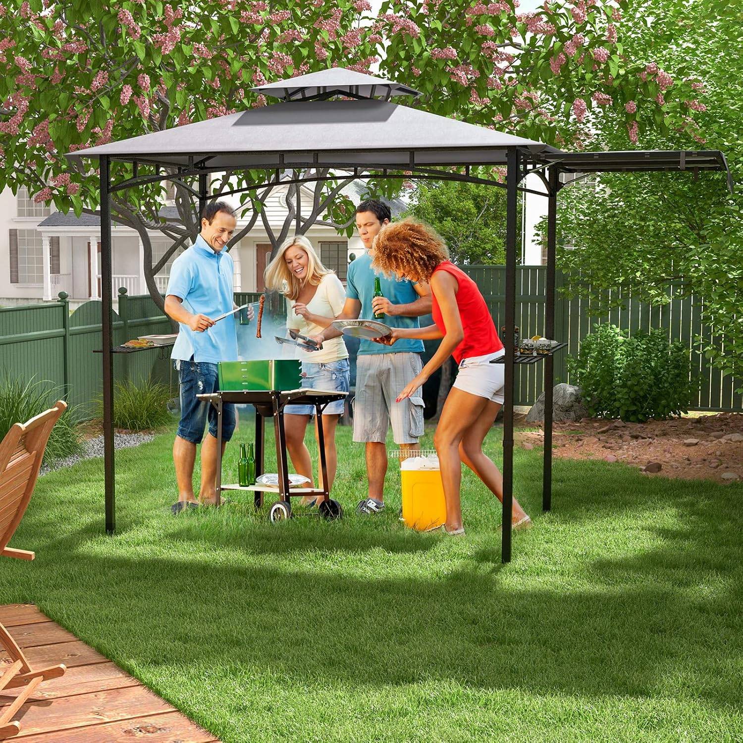 Tonnelle de Barbecue 318 x 153 cm avec Auvent Latéral, Abri Barbecue Cadre en Métal avec Dessus à 2 Niveaux 2 Etagères Latérales pour Jardin - Image 2