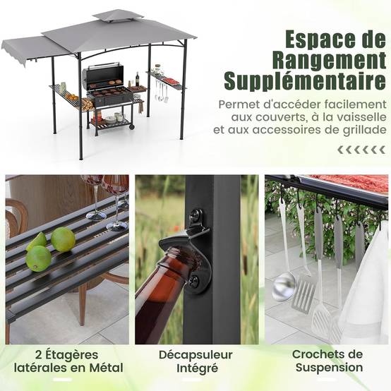 Tonnelle de Barbecue 318 x 153 cm avec Auvent Latéral, Abri Barbecue Cadre en Métal avec Dessus à 2 Niveaux 2 Etagères Latérales pour Jardin - Image 6