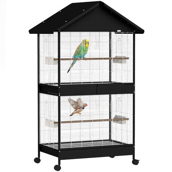 Sans Marque - Vogelvoliere Groß Vogelkäfig mit Abnehmbar Trennwand 2 Türen 2 Holzstangen Rollen 2 Schalen 4 Futterspendern XXL - Image 1
