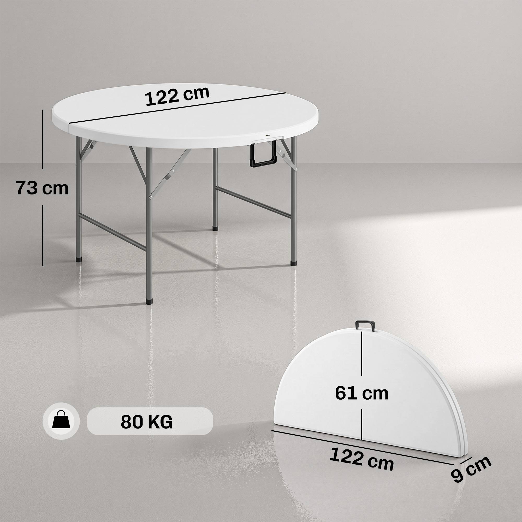 Table d'appoint ronde de jardin pliable avec cadre acier et plateau HDPE, charge 80 kg, Ø122x73 cm blanc - Image 5