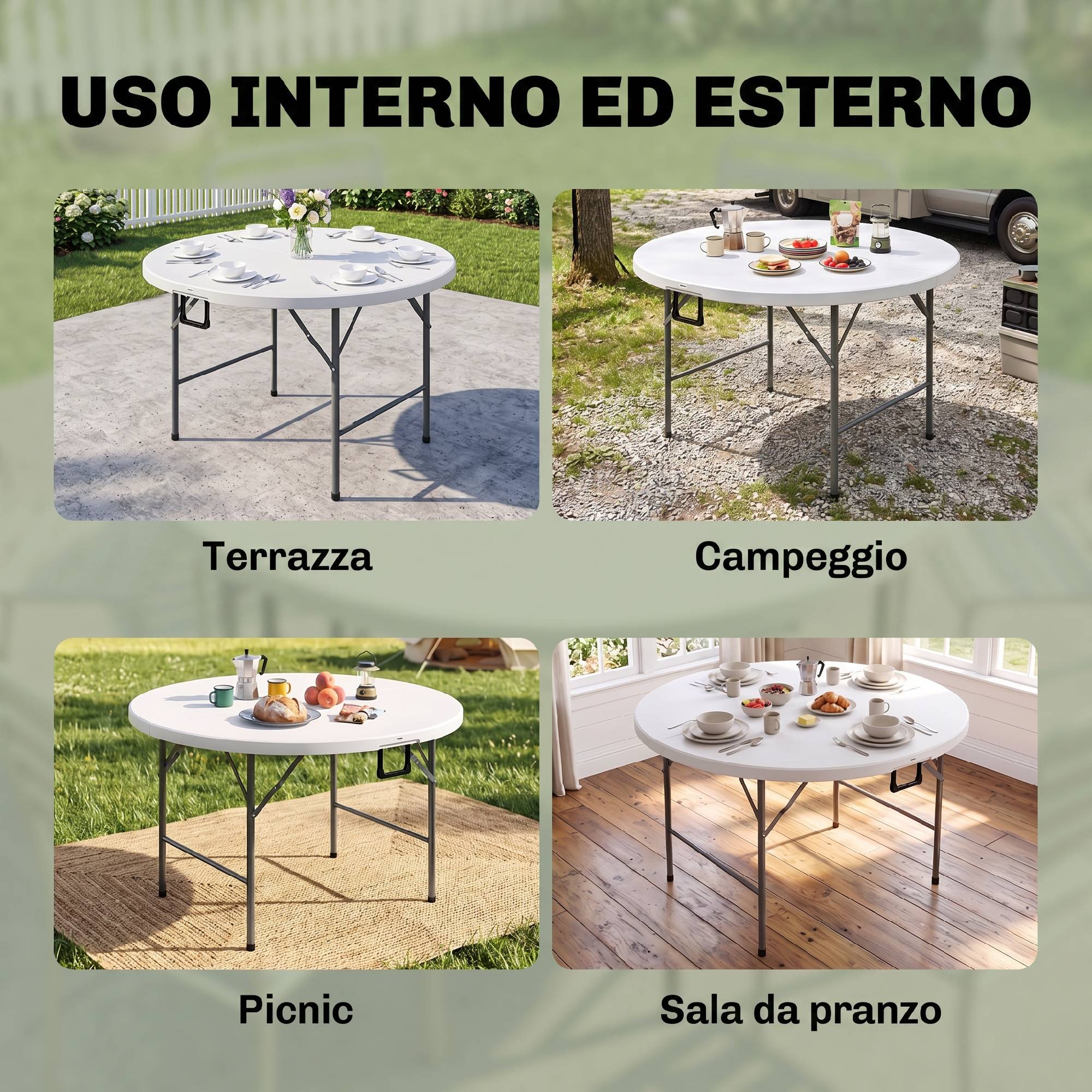 Table d'appoint ronde de jardin pliable avec cadre acier et plateau HDPE, charge 80 kg, Ø122x73 cm blanc - Image 9