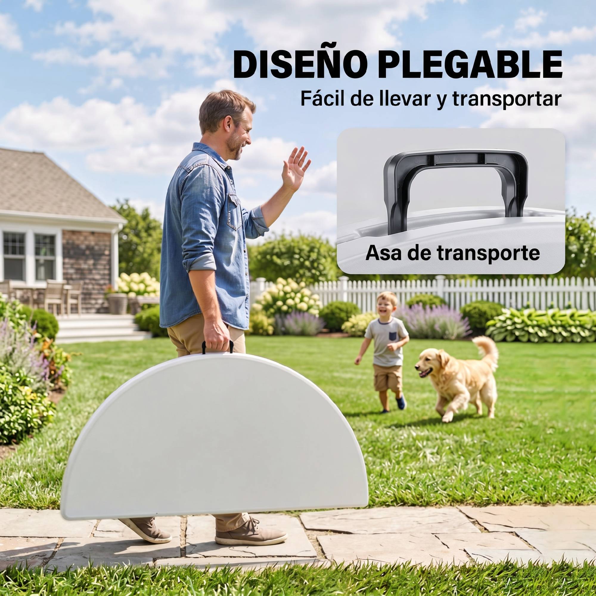Table d'appoint ronde de jardin pliable avec cadre acier et plateau HDPE, charge 80 kg, Ø122x73 cm blanc - Image 6