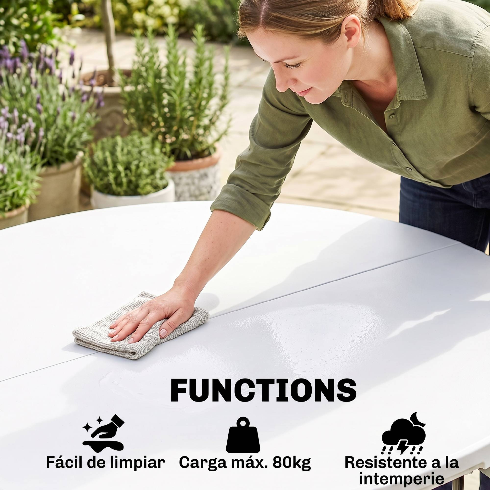 Table d'appoint ronde de jardin pliable avec cadre acier et plateau HDPE, charge 80 kg, Ø122x73 cm blanc - Image 7