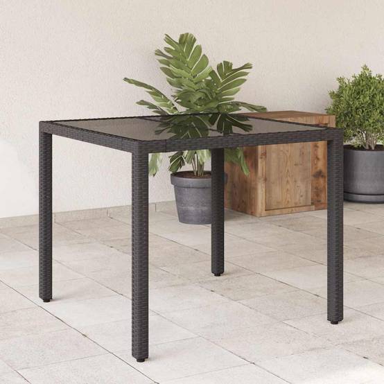 Table de Repas Carrée 90x90cm en Résine Tressée Noire, Plateau en Verre pour 4 Couverts – ComfortXL Outdoor Living - Image 1