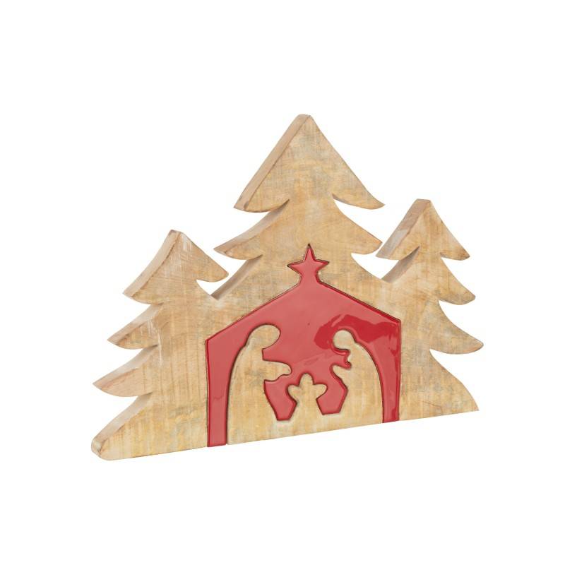 Crèche puzzle en bois de manguier rouge 55x4x40cm - J-Line