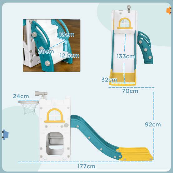 Toboggan 5-en-1 jaune et vert panier basket télescope et mur escalade adapté à l’intérieur - Image 5