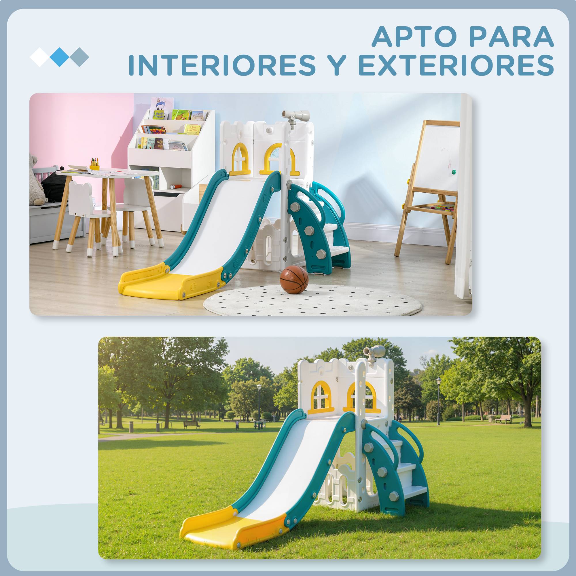 Toboggan 5-en-1 jaune et vert panier basket télescope et mur escalade adapté à l’intérieur - Image 10