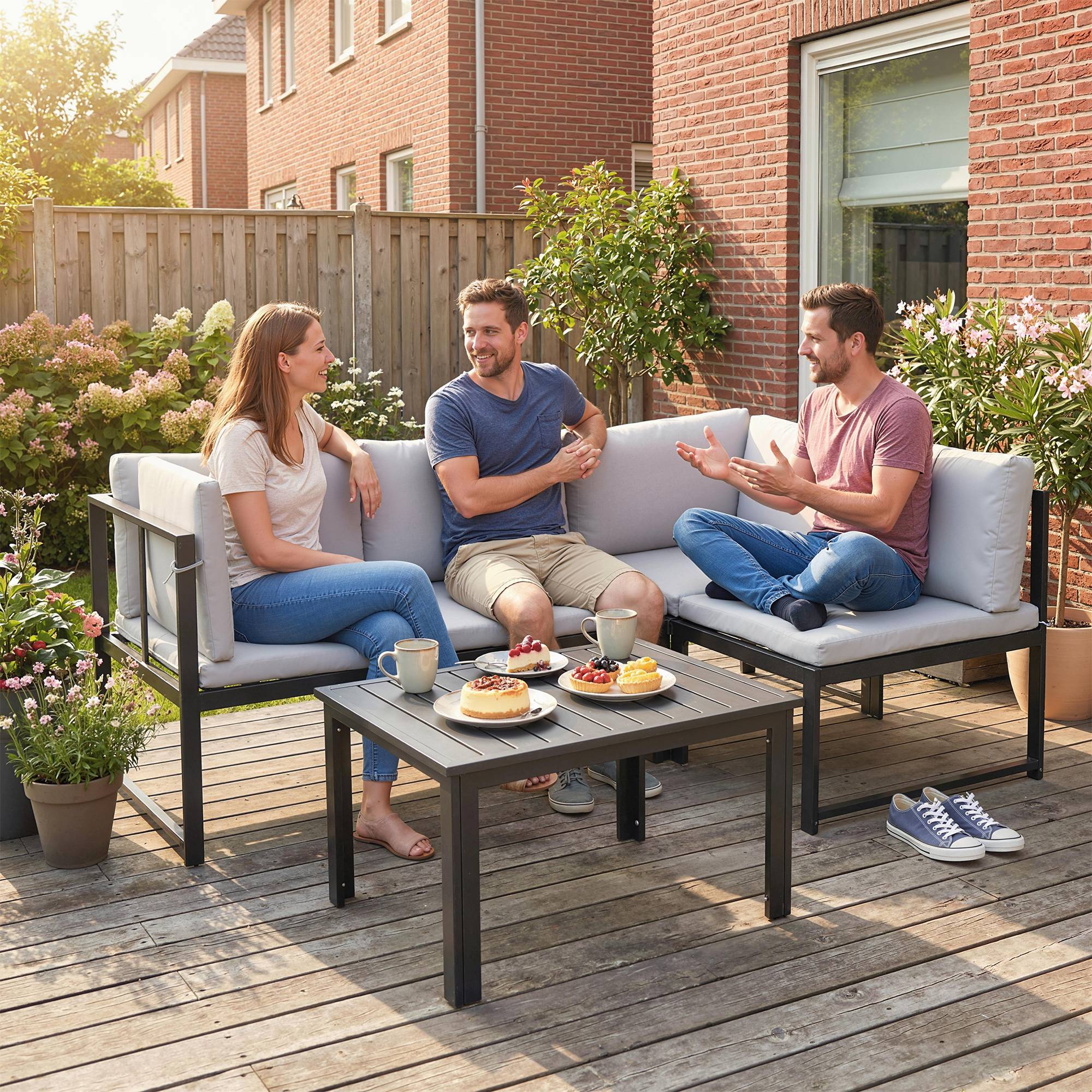 Salon de Jardin Mobilier de Terrasse 3 Pièces 4 Places Modulable avec Accoudoir Réglable Coussins Épais 16cm Gris - Image 4