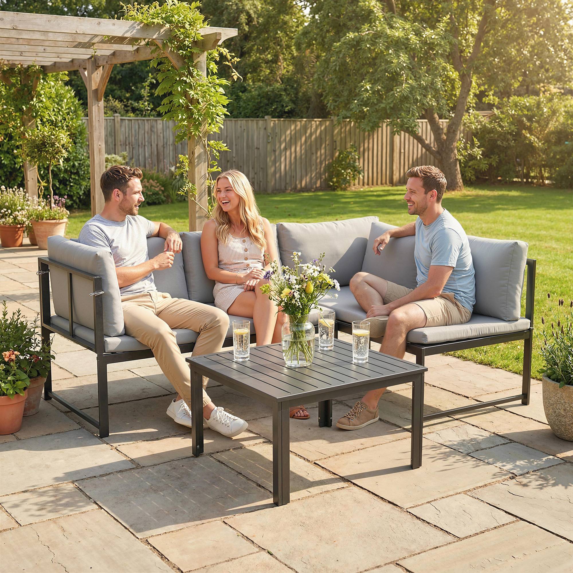 Salon de Jardin Mobilier de Terrasse 3 Pièces 4 Places Modulable avec Accoudoir Réglable Coussins Épais 16cm Gris - Image 3