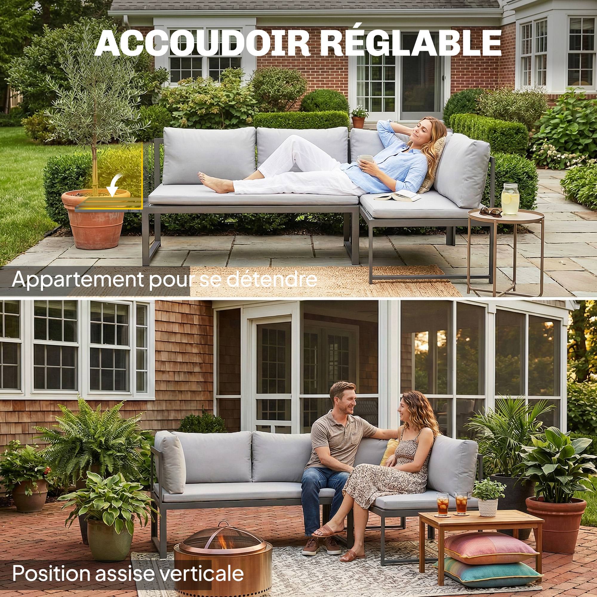Salon de Jardin Mobilier de Terrasse 3 Pièces 4 Places Modulable avec Accoudoir Réglable Coussins Épais 16cm Gris - Image 7