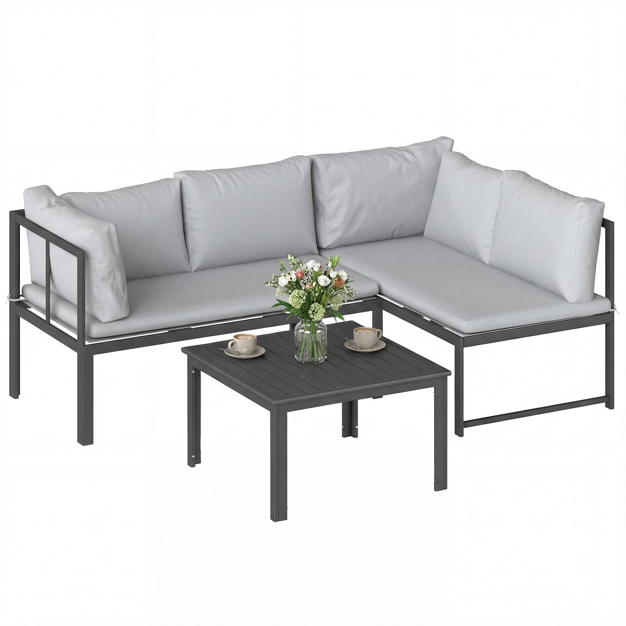 Salon de Jardin Mobilier de Terrasse 3 Pièces 4 Places Modulable avec Accoudoir Réglable Coussins Épais 16cm Gris - Image 1