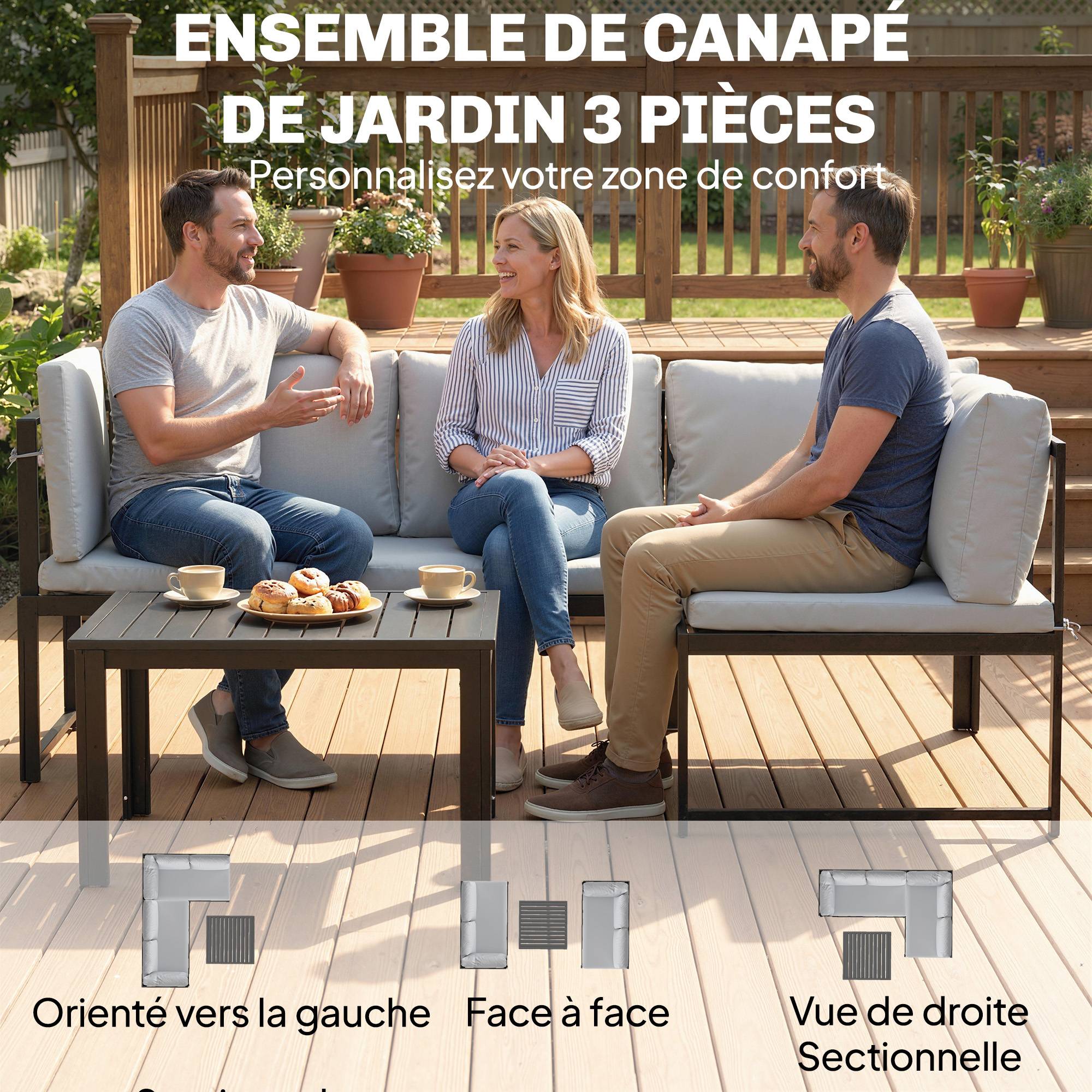 Salon de Jardin Mobilier de Terrasse 3 Pièces 4 Places Modulable avec Accoudoir Réglable Coussins Épais 16cm Gris - Image 6